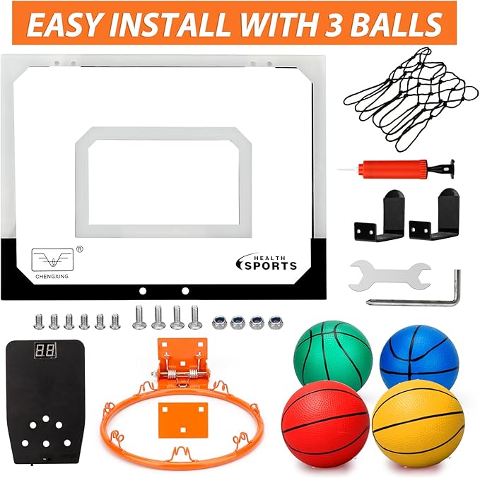 Pro Indoor Mini Basketball Hoop Set for Kids Adults, Over Door Automatic Scoring Basketball Hoop with 4 Rubber 6" Balls, Boost Wall Mount Basketball Hoops with Electronic Scoreboard Large Dunk Rim