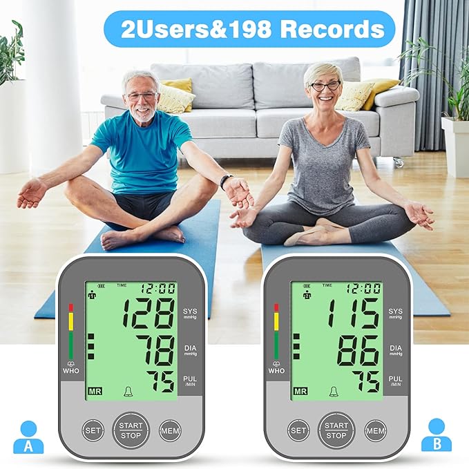 Blood Pressure Monitor Upper Arm Blood Pressure Machine for Home Use BP Cuff Kit, Large 3-Color 3.4'' Display with Backlight,Pulse Rate Detection Meter with Cuff 22-42cm/2×99 Sets Memory (Gray)