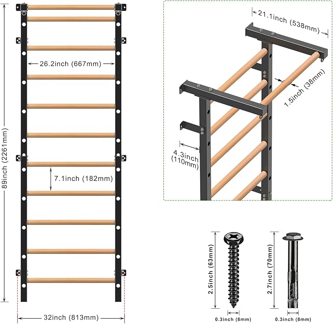 Wood Stall Bar, 2"x2" Swedish Ladder with 1" Hole, 11 Strategic Rods, Wall Mounted Suspension Trainer for Home, Gym, School and Clinic
