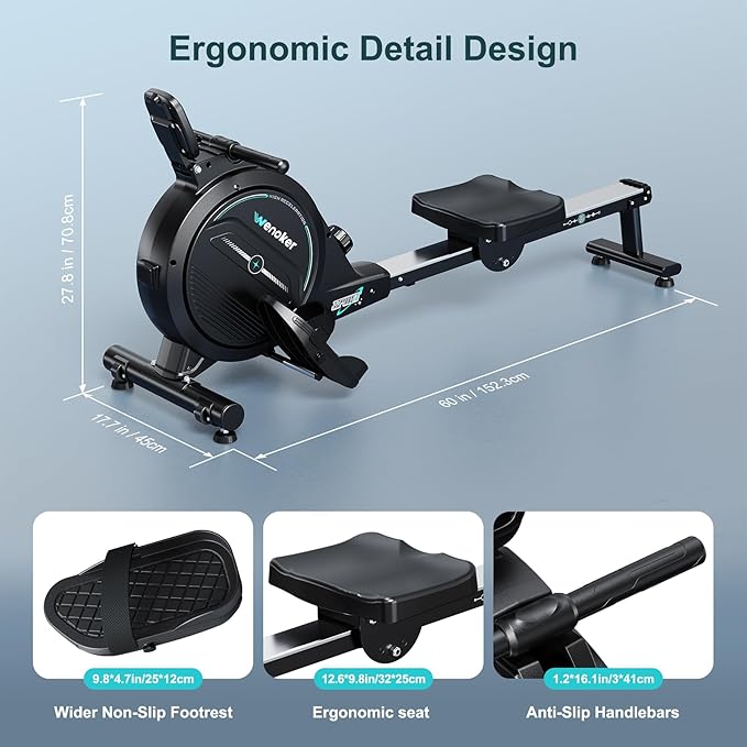 Rowing Machine,Wenoker Magnetic Rower Machine for Home,350 LB Weight Capacity, Smooth Whisper Quiet with LCD Monitor Tablet Holder & Comfortable Seat Cushion, Compact and Saves Space