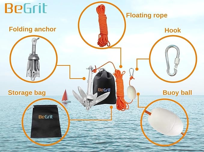 BeGrit Kayak Anchor Small Boat Anchor Folding Marine Anchor for Fishing,Kayak,Paddle Board,Canoe,Jet Ski, with 32.8 ft Anchor Tow Rope Carrying Bag