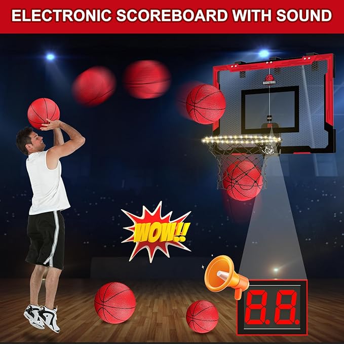24" x 16" Large Basketball Hoop Indoor for Adults, Over The Door Basketball Hoop with Electronic Scoreboard/LED Rim, Big Basketball Toys Gifts Ideas for Man Kids Teens Boys Girls, Red