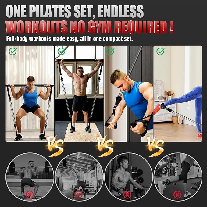 Pilates Bar Kit with Resistance Bands, Heavy Duty Multifunctional Pilates Workout Equipment for Strength Training, HIPS, Back, Arms, Abs, Shoulders, Portable Home Gym & Travel Fitness Gear for Men