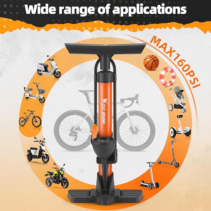 Bike Floor Pump, Bikes Pump with Gauge,Bicycle Air Pump with High Pressure 160 Psi, BikeTire Pump with Presta Schrader Valves,Portable Hand Pump Bike, Fits Road Bikes MTB E-Bike, Ball