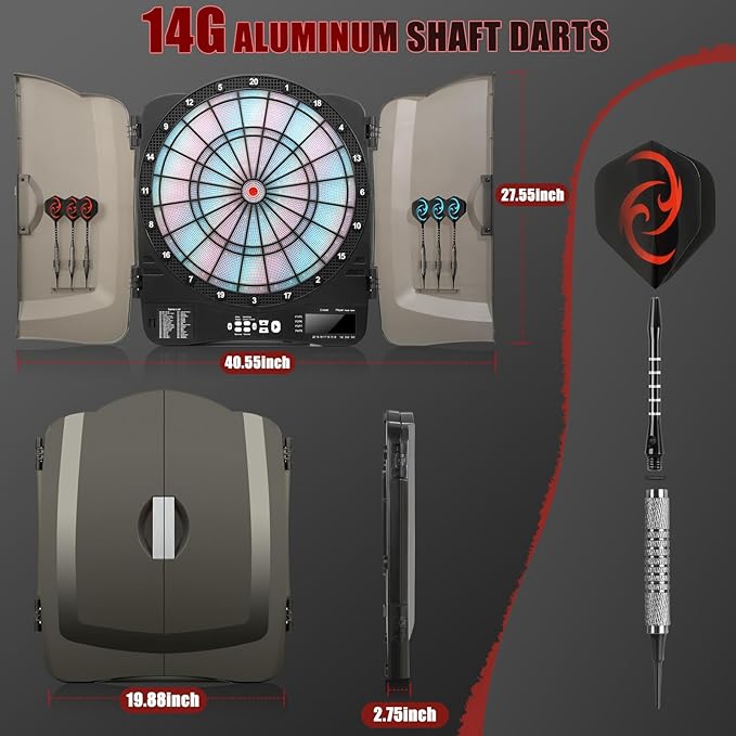 Electronic Dart Board Cabinet Set, Illuminated Target Dartboard for Adults Kids, 48 Games with 315 Variations Soft Tip Digital Dartboard Cabinets with 6 Darts, 100PCS Soft Tips
