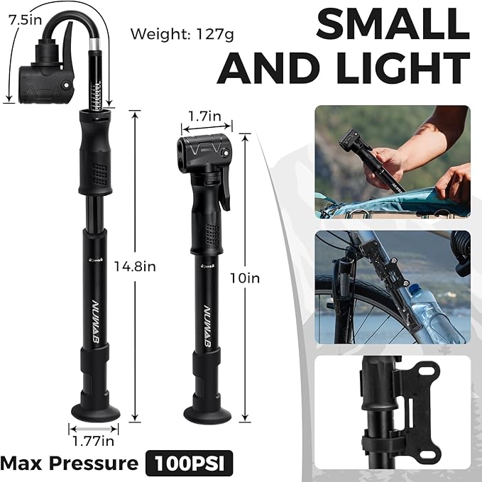 NUWAB Mini Bike Pump, 10 Inch Portable Hand Bicycle Pump, 100PSI, Support Shrader and Presta, Fast Air Out Ball Pump, Work with All Bikes and Balls, Swimming Ring, Come with Ball Needles, Nozzles