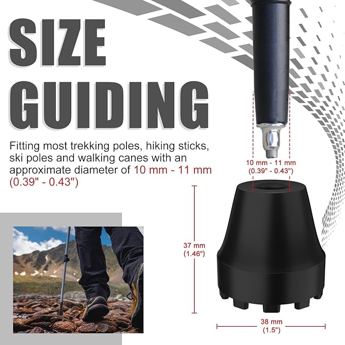 supregear Replacement Rubber Tips for Trekking Poles and Walking Sticks, Anti-Slip Shock-Absorbing Black Feet Caps, Universal Fits 11 mm Standard Hiking Canes and Collapsible Walkers