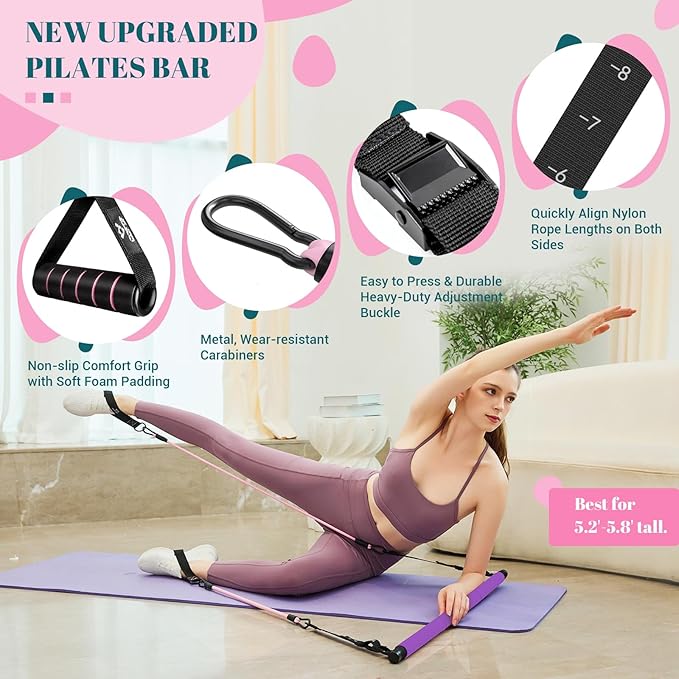 Pilates Bar Kit with Resistance Bands, Multifunctional Yoga Pilates Bar with Heavy-Duty Metal Adjustment Buckle, Portable Home Gym Pilates Resistance Bar Kit for Women Full Body Workouts
