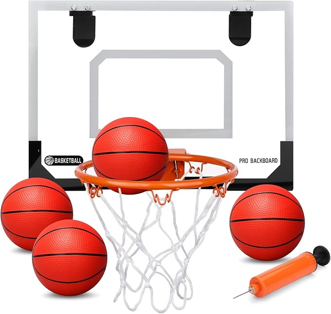 Larger 17" x 12" Indoor Basketball Hoop with 9" Large Dunk Rim for Kids, Over The Door Basketball Hoop 4 Balls, Wall Mount Hoops for Yard Outdoor Shatterproof Backboard- Complete Accessories Included