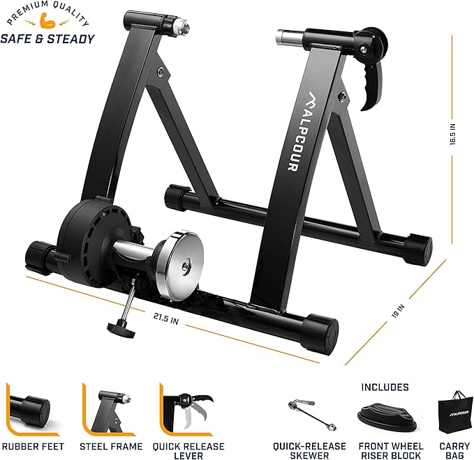 Alpcour Bike Trainer Stand for Indoor Riding – Portable Foldable Magnetic Stainless Steel Indoor Trainer, Noise Reduction, 6 Resistance Settings & Bag – Stationary Exercise for Road & Mountain Bikes