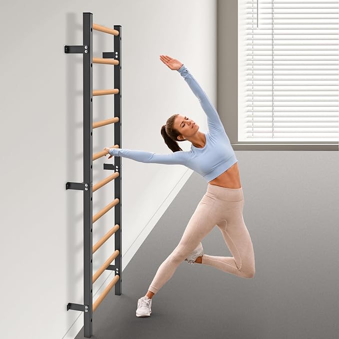 Wood Stall Bar, 2"x2" Swedish Ladder with 1" Hole, 11 Strategic Rods, Wall Mounted Suspension Trainer for Home, Gym, School and Clinic