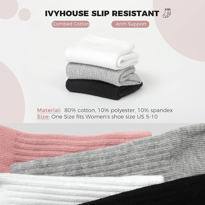 Ivyhouse Pilates Yoga Socks with Grips for Women - Crew Length Ballet Barre Socks - Sticky Workout Hospital Socks