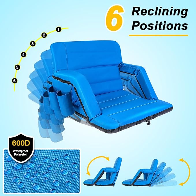 Stadium Seats with Back Support Wide, Exclusive Bleacher Chairs with Back and Cushion Folding Stadium Chairs, 6 Reclining Positions Waterproof Bleacher Seats with 2 Hooks (Wide|22.5" Blue)