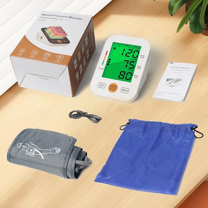 Blood Pressure Monitor Upper Arm Blood Pressure Machine for Home Use BP Cuff Kit, Large 3-Color 3.4'' Display with Backlight,Pulse Rate Detection Meter with Cuff 22-42cm/2×99 Sets Memory (White)