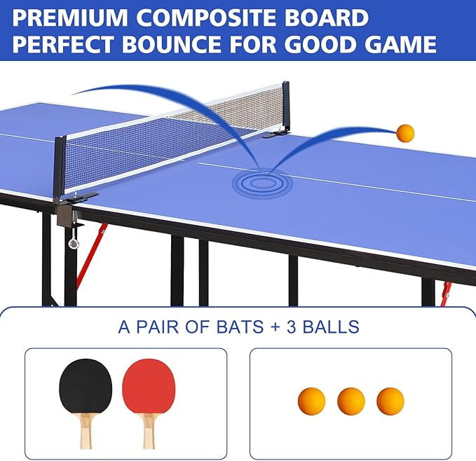 Ping Pong Table Foldable Table Tennis Table with Net, Table Tennis Paddles and Balls, 4.5FT/6FT/9FT MDF Multi-Use Family Game Table for Kid Teenager Adult, Compact & Portable
