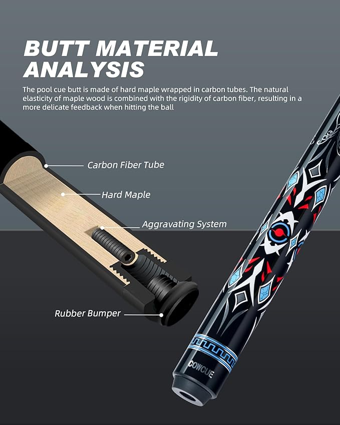 CRICAL Carbon Fiber Pool Cue COWCUE Series Low Deflection Billiards Cue Stick 58" Professional Pool Table Sticks for Adults -12.5mm Tip, Weight 19OZ (Adjustable), 3/8 * 8 Joint