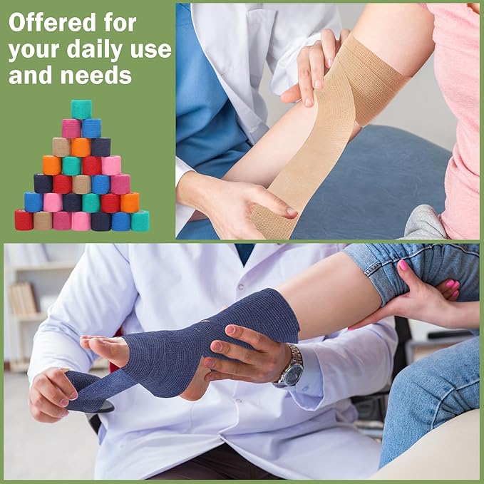 Treela 64 Pack 2" x 5 Yards Self Adhesive Cohesive Bandage Wraps, Elastic Breathable Athletic Tape, Flexible Self Adherent Bandage Rolls for Wrist, Ankle, Fingers, Sports & Pets (Mixed Colors)