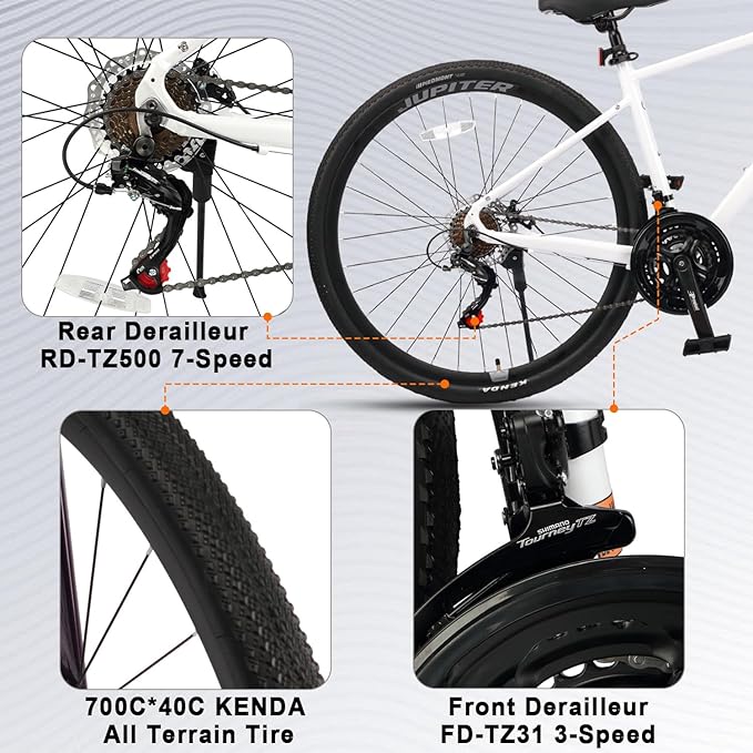 AVASTA Jupiter 700C Road Adult Step-Over Hybrid Cycling Bike Bicycle, Aluminum Frame, 21-Speed, Dual Disc Brakes, Multpile Colors for Men Woman Male Female