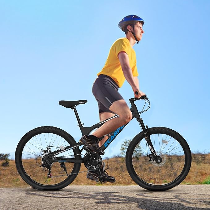 24/26/27.5 Inch Mountain Bike, Dual Full Suspension 21 Speed Womens Mens Mountain Bikes, Commuter Bike with Carbon Steel Frame and Dual Disc Brakes