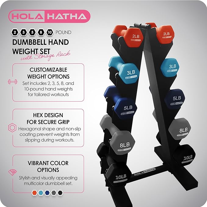 HolaHatha 2, 3, 5, 8, and 10 Pound Neoprene Dumbbell Free Hand Weight Set with Rack, Ideal for Home Exercises to Gain Tone and Definition, Pastel