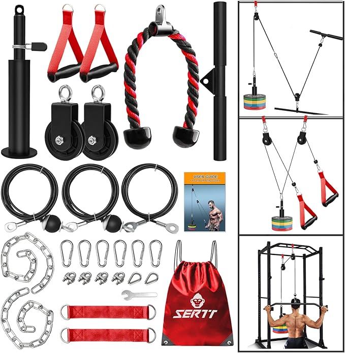SERTT Weight Cable Pulley System Gym, Upgraded Cable Pulley Attachments for LAT Pull Down, Biceps Curl, Tricep, Arm Workouts - Home Gym Add On Equipment