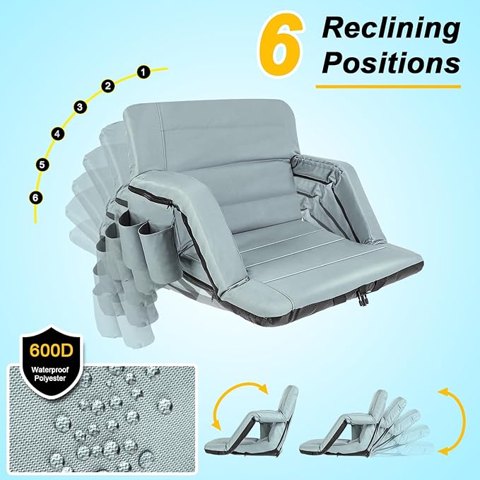Stadium Seats with Back Support 2 Pack Wide, Exclusive Bleacher Chairs with Back and Cushion Folding Stadium Chairs, 6 Reclining Positions Waterproof Bleacher Seats (Wide|22.5" Grey)