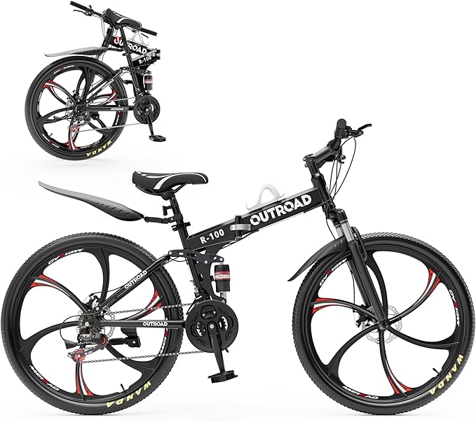 Outroad Folding Mountain Bike Foldable/Unfoldable Bike 26 Inch for Adult, 21-Speed Dual Suspension High-Carbon Steel MTB Foldable Bicycle, Dual Disc Brake Folding Bikes for Women and Men
