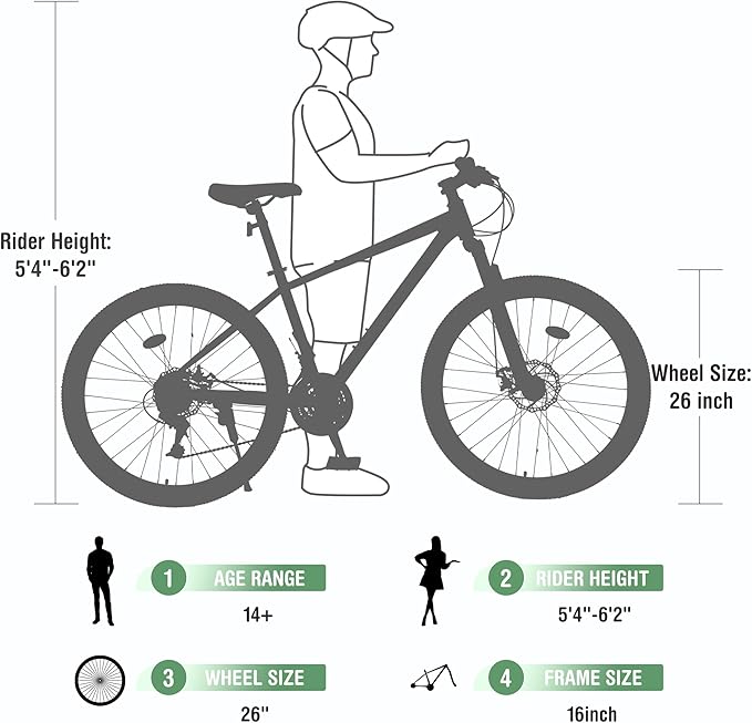 Mountain Bike 26 inch 24 Speed Dual Disc Brake MTB Front Suspension Fork Mountain Bicycle for Adult Men Women Outdoor Cycling