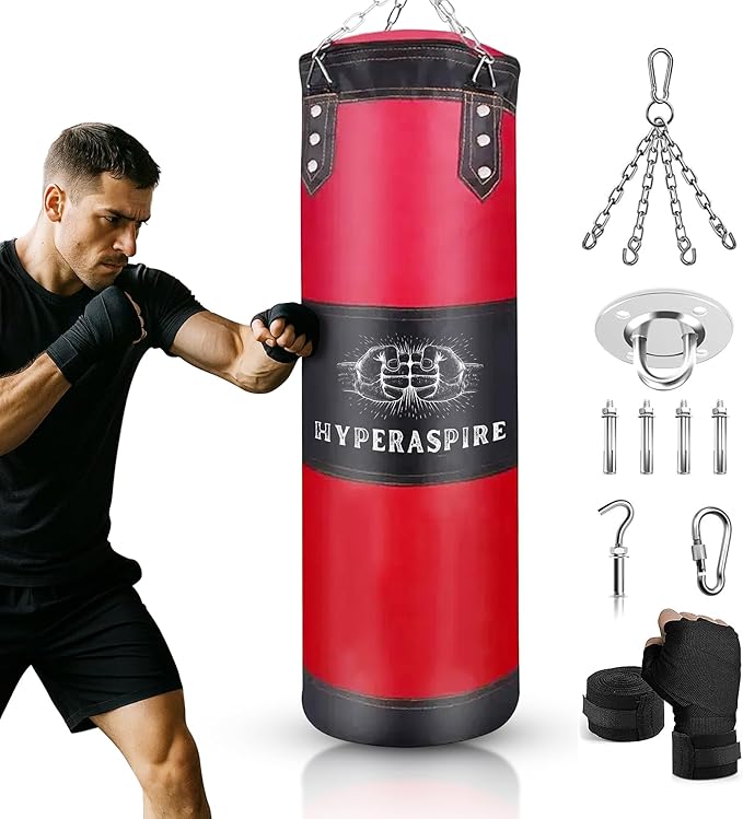 Punching Bag for Adults, 120cm PU Leather Boxing Bag with Foam Lining, Bag with Chain Ceiling Hook, Hand Wraps, and & Hand Wraps etc, Set for MMA Kickboxing Boxing Karate Home Gym Training (Unfilled)