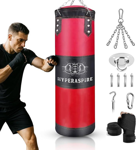 Punching Bag for Adults, 120cm PU Leather Boxing Bag with Foam Lining, Bag with Chain Ceiling Hook, Hand Wraps, and & Hand Wraps etc, Set for MMA Kickboxing Boxing Karate Home Gym Training (Unfilled)