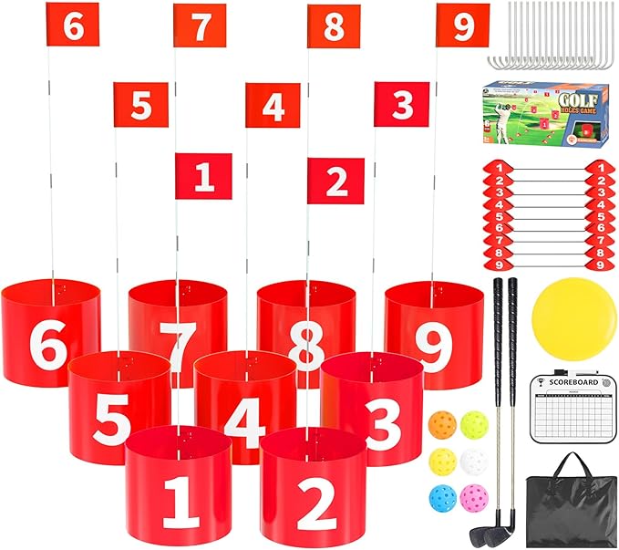 FOOING Golf Game with 2 Clubs, 9 Hole Practice Golf Backyard Game Set for Adults and Family Outdoor Indoor, Plastic Battle Yard Game with Balls and Flag for Lawn, Beach, Camping and Park