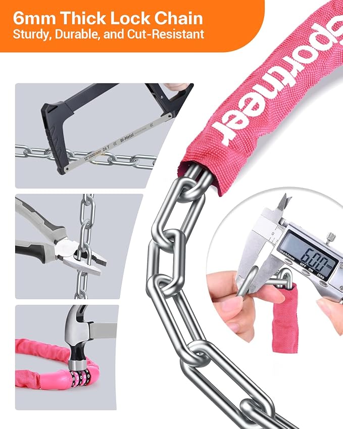 Sportneer Bike Lock: 5 Digit Combination High Security Anti Theft Bike Chain Lock - 3.2/3.6/4ft Heavy Duty Keyless Bicycle Lock for Bike, Motorcycle, Scooter, Door & Gate - 4/6mm Thick, Easy to Use