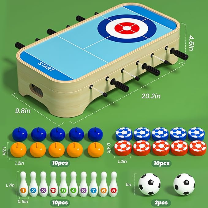 4-in-1 Multifunction Tabletop Football Table- Portable Mini Table Football/Soccer Game Set with Bowling Curling and Fast Sling Puck Game for Adults and Kids