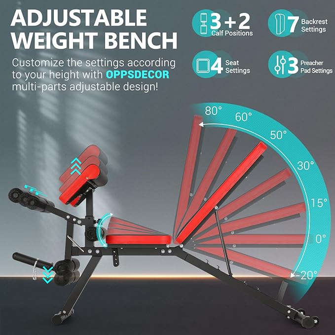 OPPSDECOR 800LBS Adjustable Weight Bench, Workout Bench for Home Gym, Weight Bench with Leg Extension and Leg Curl, Preacher Curl Bench, Gym Bench Exercise Bench