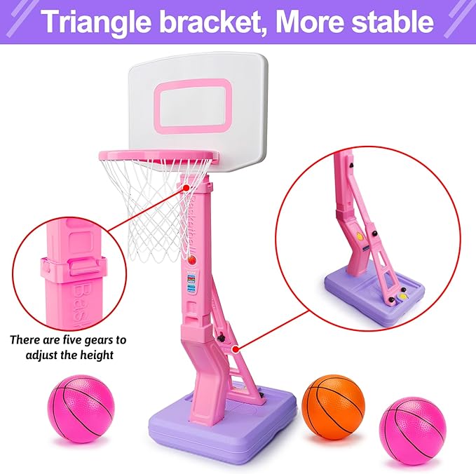 Toddler Girl Basketball Hoop Indoor Pink Adjustable Mini Basketball Goal with Ball Pump for Outdoor Poolside Toys Backyard Game Outside Basketball Toy for Kids Age 1-3 3-5 6 7 4-8 Birthday Gift