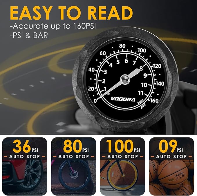 Bike Pumps for Bicycle Tyres with Pressure Gauge, Portable with Presta & Schrader Valves, Bike Air Pump, Foot Pump for Tires, Inflatables & Balls