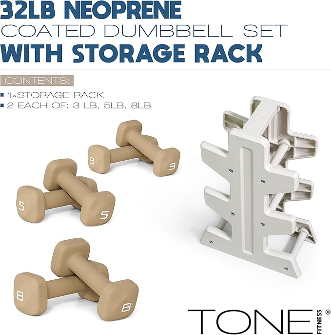 Tone Fitness Neoprene Dumbbell Set with Storage Rack – Non-Slip, Anti-Roll Hand Weights for Home Gym Workouts | 20 lb, 32 lb, & 50 lb Options