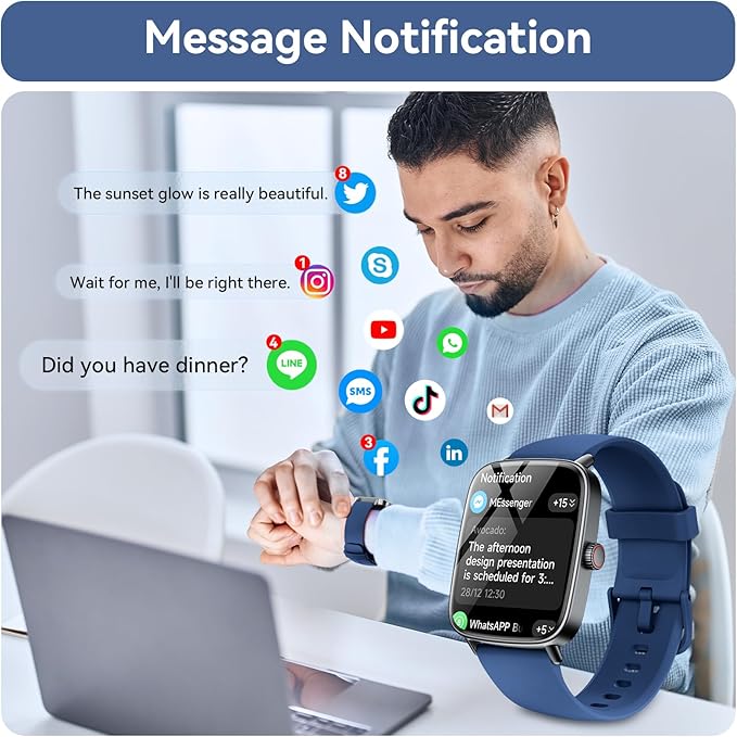 Smart Watch for Women/Men Android & iPhone, 1.85" Touch Screen Fitness Tracker with Answer/Make Call, IP68 Waterproof 24/7 Health/Sleep Monitor, Pedometer, 100+ Sport Modes (2 Bands), Dark Blue