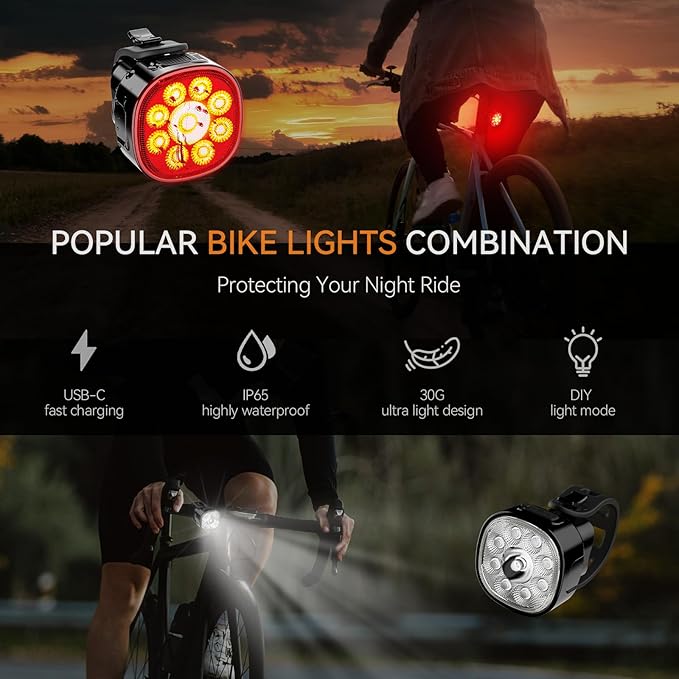 Victagen Bike Lights Kit 9LED Bike Headlights High & Low Beams, Ultra-Light and Bright Bicycle Lights, Waterproof Bike Lights for Night Riding, USB-C Bicycle Front and Rear Lights