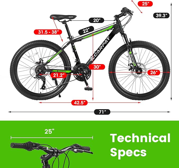 24/26 Inch Mountain Bike, 21 Speed Mountain Bicycle with High Carbon Steel Frame, Dual Disc Brakes and Front Suspension, MTB Bike for Adult Teenagers Boys Girls