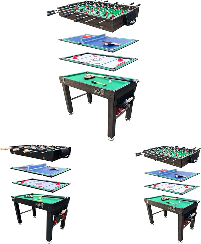 KICK Quad 48″ 4-in-1 Multi Game Table - Combo Game Table Set - Foosball, Billiards/Pool, Glide Hockey and Table Tennis for Home, Game Room, Friends and Family!