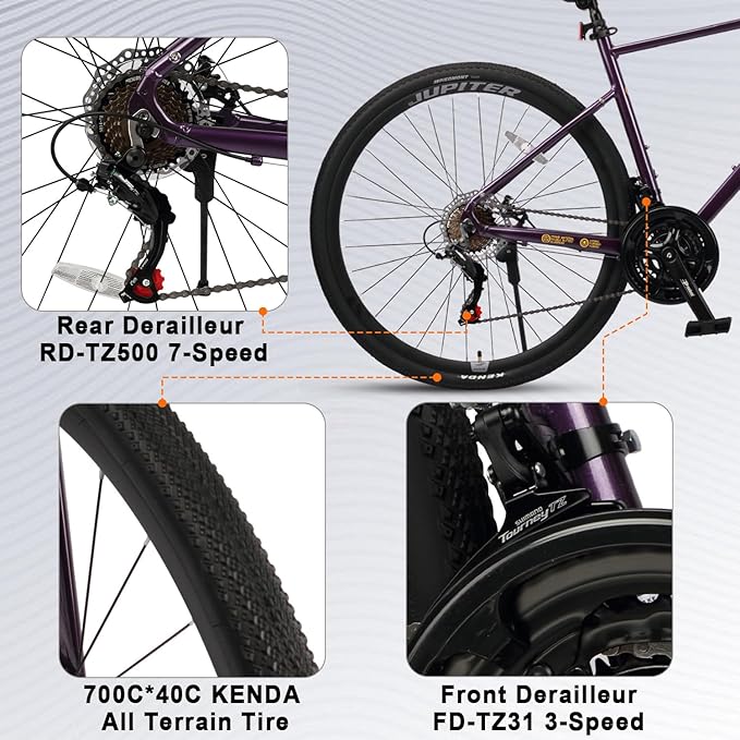 AVASTA Jupiter 700C Road Adult Step-Over Hybrid Cycling Bike Bicycle, Aluminum Frame, 21-Speed, Dual Disc Brakes, Multpile Colors for Men Woman Male Female