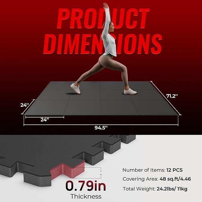 SUPERJARE 0.79'' Extra-Thick Exercise Equipment Mats, 12 Pcs 48 Sq Ft Rubber Top Floor Tiles with High Density EVA Foam, Interlocking Gym Flooring for Home Gym, Workout Mat, Black