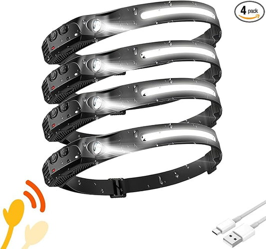 Headlamp 4 PCS, 230° Wide Beam Head Lamp, Motion Sensor LED Headlamp Rechargeable, 5 Mode Headlight Flashlight for Camping Fishing Hiking Gear, Bright, and Ideal for Hard Hats and Forehead Use!