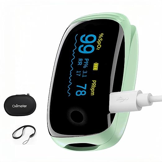 Rechargeable Pulse Oximeter Fingertip Oxygen Monitor Fingertip with SpO2 Pulse Rate and PI RR OLED Precision Fast Oximeter SpO2 Reading Outdoor Sports Home (Green)