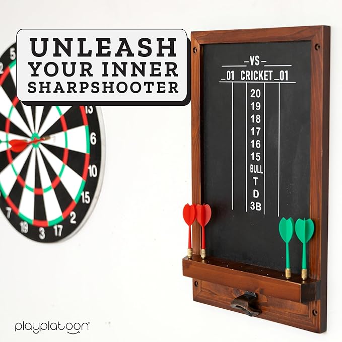 Play Platoon Dart Scoreboard & Darts Holder Wall Mount with Bottle Opener - Wood Score Board, Professional Darts Accessories, Dart Holder