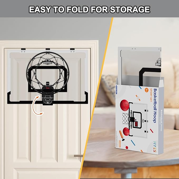 24" x 16" Large Basketball Hoop Indoor for Adults, Over The Door Basketball Hoop with Sturdy Backboard/Electronic Scoreboard, Basketball Toys Gifts Ideas for Man Kids Teens Boys Girls, Black