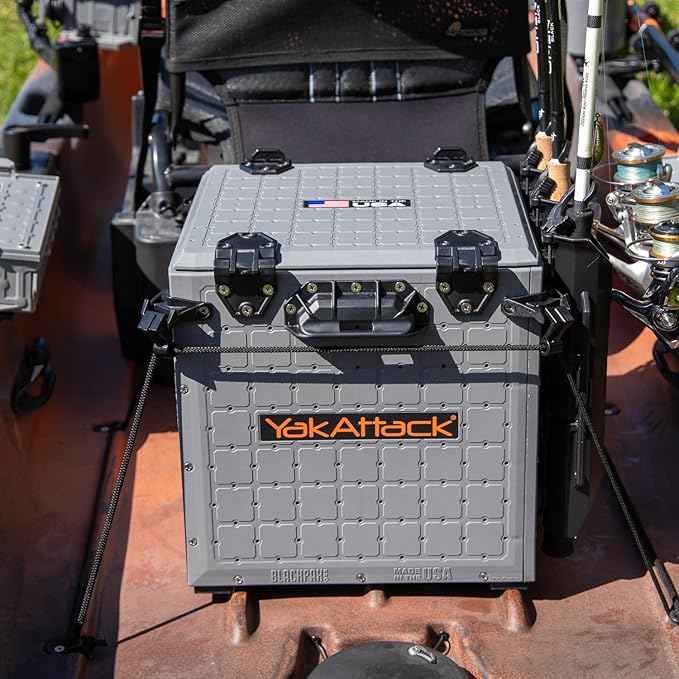 YakAttack BlackPak Pro 13" x 13" Fishing Crate with 3 Rod Holders - Battleship Grey | Compact Tackle Storage Box & Gear Organizer for Kayaks | Lightweight, Durable & Customizable Marine Accessory