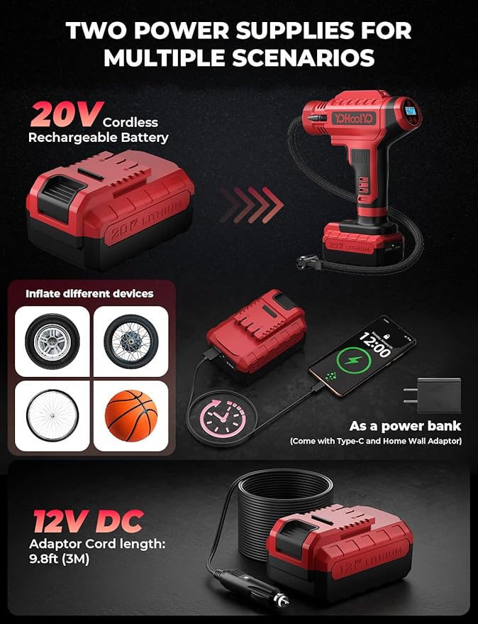 YOHOOLYO Tire Inflator Portable Air Compressor for Car 20V Cordless Tire Pump Rechargeable Battery Powered 12V DC Car Adapter Auto Stop Digital Pressure Gauge Motorcycle Bike 150PSI Red