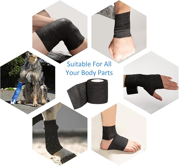 12 Pack Self Adhesive Bandage Wrap 2 Inches x 5 Yards Elastic Bandage Wrap Self Adherent Cohesive Tape Bandages for Wrist Ankle Vet Wrap for Dogs Swelling Sprains Athletic Tape Grip Cover (Black)